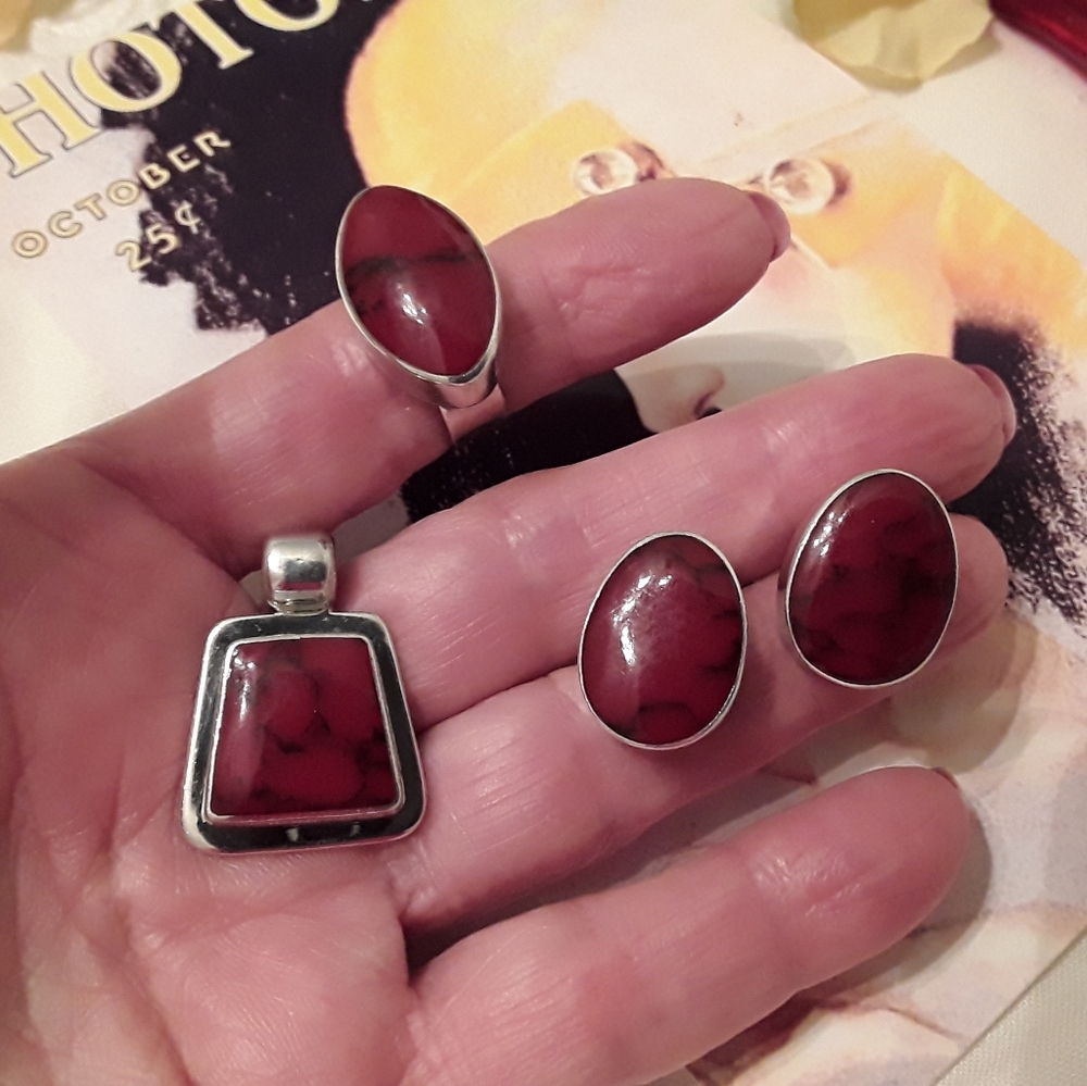 VTG 925 SOLID STERLING "3 PIECE SET RED JASPER" - Picture 2 of 8